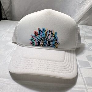 Custom made hat, snap back, white with floral